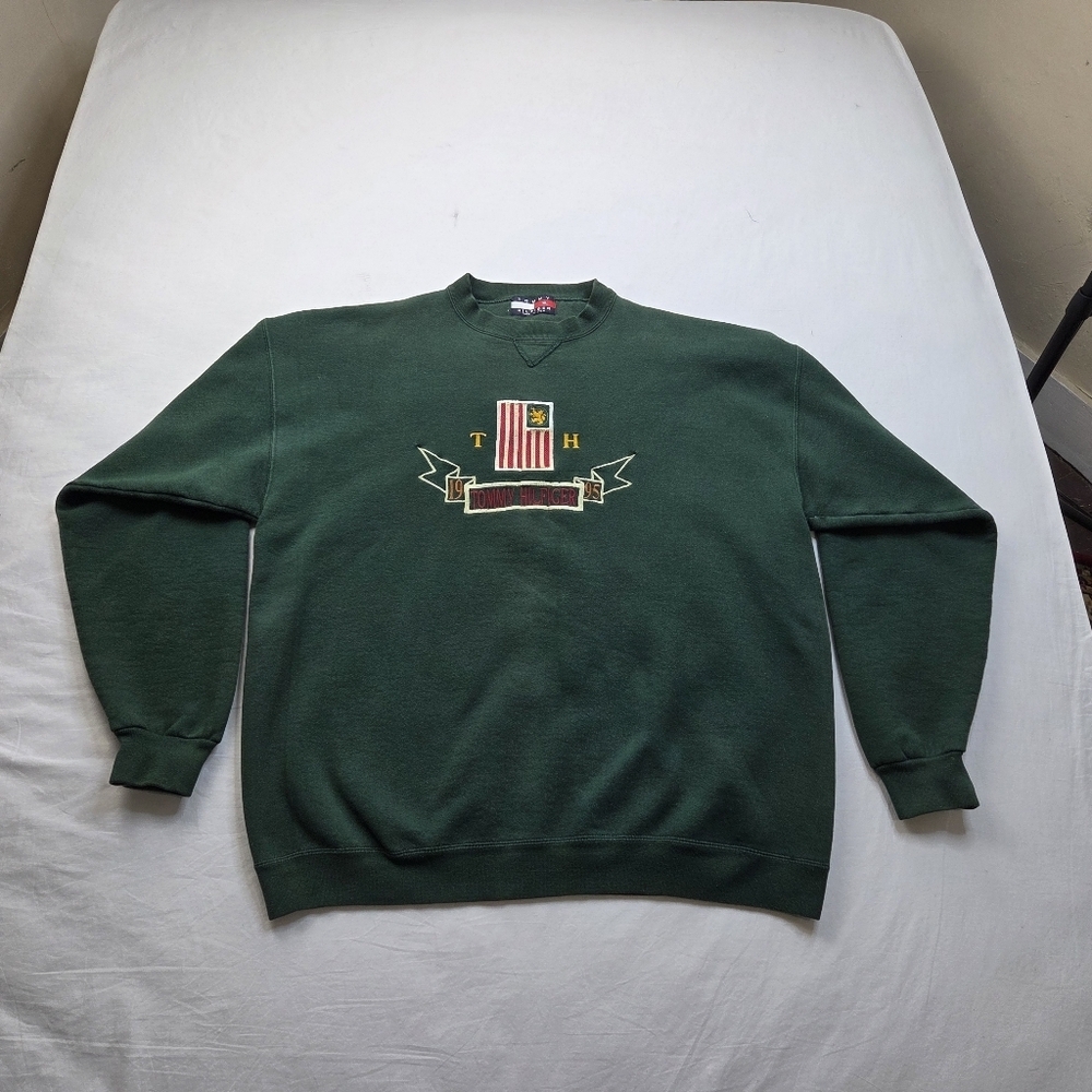 VTG 1995 Tommy Hilfiger Crest Logo Sweatshirt XL Made in USA Green Embroidered